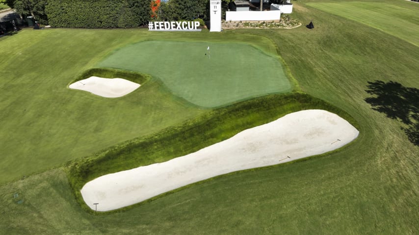 To score well at East Lake, players can't afford to miss greens on the short side of the flagstick. That's particularly true here. This par 3 plays a bit shorter than the yardage, but it's a must to put the ball on the green. The green slopes dramatically from back to front and from left to right and is guarded by bunkers on both sides. 