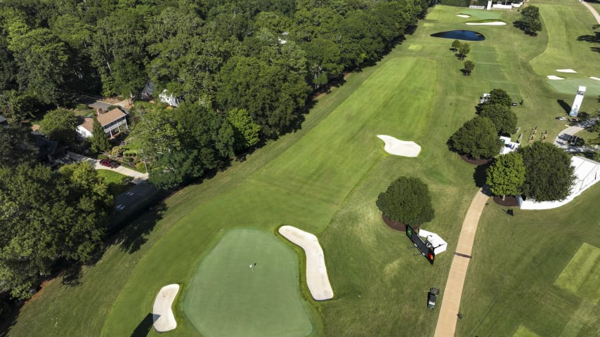 On this short par 4, a fairway wood off the tee should leave players with a short iron to the green. The front of the green is guarded by two large bunkers that are especially difficult if the hole is cut on the right portion of the green. The green slopes from back to front and has several dominating ridges that make it very difficult to read.