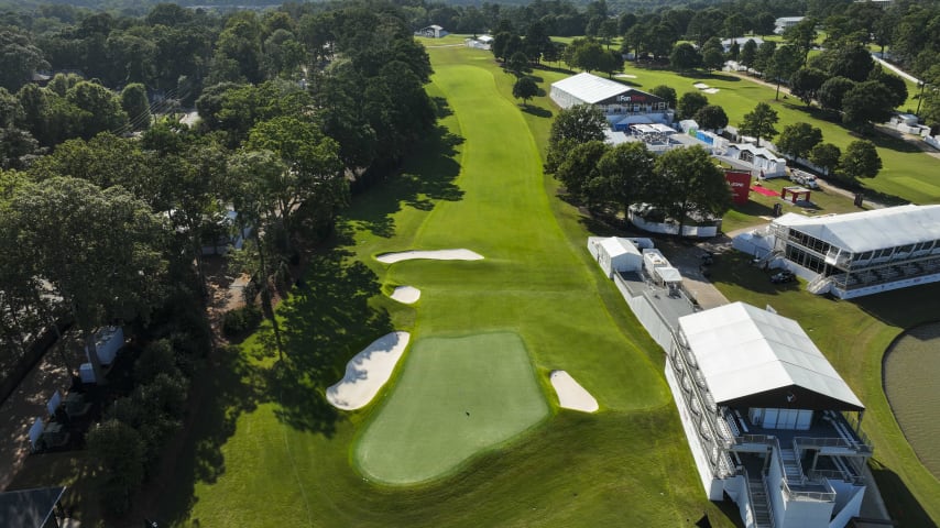 The second of two par 5s that have been shortened to play as par 4s for the TOUR Championship, this 520 yard hole will play much shorter than the yardage as the drive will pitch forward on the downslope of the fairway. The second shot will be a long iron from a downhill lie making it tough to get to tight hole locations.