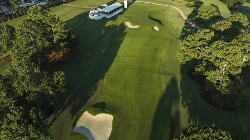 The 16th is a slight dogleg left that demands accuracy off the tee. A fairway bunker along the right side will punish a drive straying in that direction, resulting in a difficult approach shot. The second shot must navigate three deep greenside bunkers in order to find the two-tiered green, blind to players from the fairway.