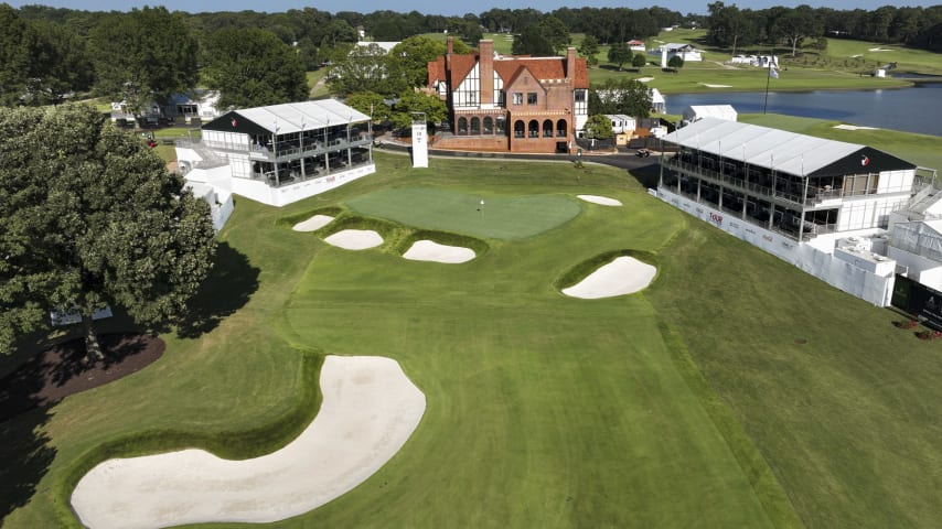 ATLANTA, GEORGIA - AUGUST 26: A view of the 18th green and clubhouse during the second round of the TOUR Championship at East Lake Golf Club on August 26, 2022 in Atlanta, Georgia. (Photo by Tracy Wilcox/PGA TOUR via Getty Images)