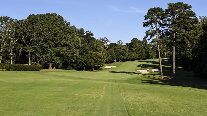 Three tall pines on the right side of the fairway force players to hit a fade to the best position in the fairway. With a good drive, players can reach this short par 5 in two. A well-bunkered green poses problems if missed long or short. One of the easiest holes at East Lake, a par here will drop a shot to the field.