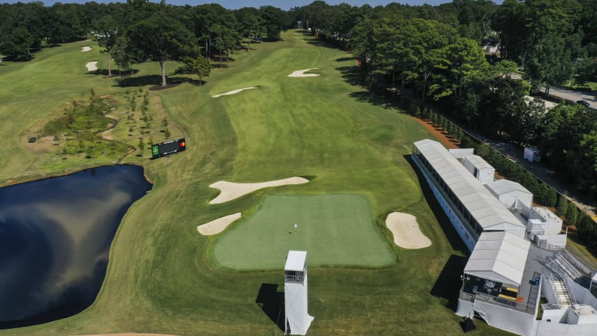 This picturesque hole provides a commanding view of the Atlanta skyline and East Lake. The fairway narrows to 25 yards in width 278 yards from the tee, making driving accuracy a premium on this long par 4. From here a mid-to long-iron is needed to reach the green. Two large bunkers await errant approaches into a large receptive green that slopes from back to front.