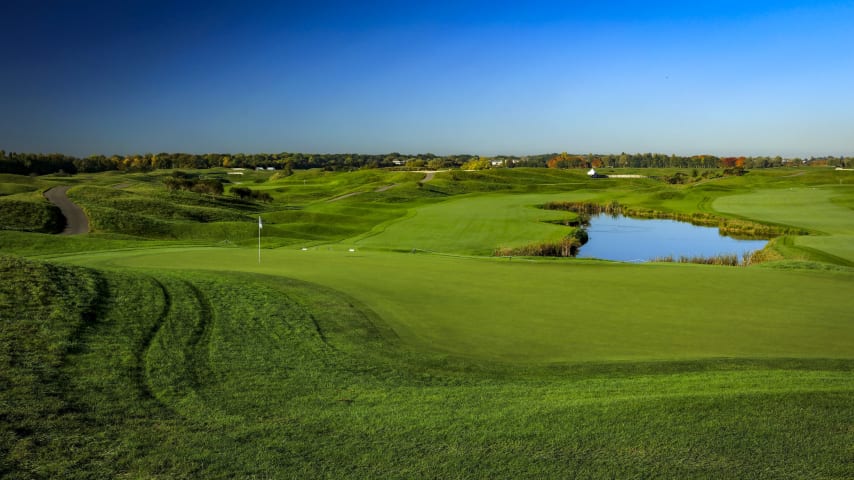 Played downwind, this short par 4 has seen some golfers almost hitting the green from the tee. The wise, sensible shot is to hit a two or three-iron to the middle of the fairway with a second shot to the heart of the green. Keep away from the water hazard on the left and the reward could well be birdie. (Source: PGA of America) 