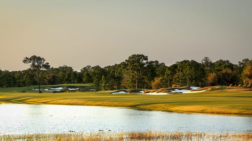 On this brute of a par 5, with water left and a huge bunker right, most players need three shots to get home. After a solid drive just left of the bunker, lay up a mid-iron to the left side. The green occupies the property’s highest elevation, so add one club on the uphill approach.