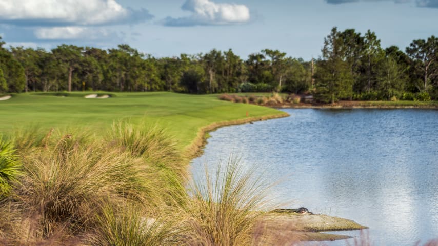 This par 5 requires precise tee shot distance and control to avoid the bunkers left and water right. The landing area is the narrowest on the course. A solid drive will leave you with a mid- to short-iron approach to an elevated green protected by large bunkers.