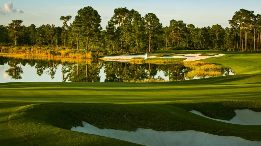 This par 4 features a large landing area, but the best line off the tee is right of center. A mid- to long-iron second shot follows. Four well-placed bunkers guard the undulating green.