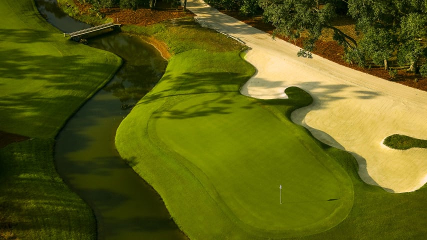 This short par 4 requires a precise driver or fairway metal tee shot to the left center of the fairway. The small green is fronted by Tortoise Creek and guarded by a large bunker on the left.