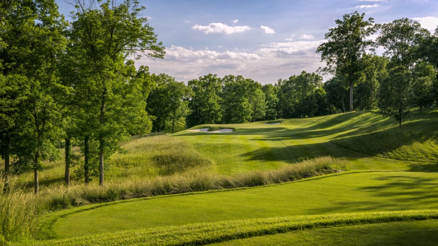 No. 11, Holler: It’s a middle- to long-iron shot into a shallow green that features a slight false front, with a large bunker in front and a smaller one behind. The green angles right to left, but shots going too far left will bound down the steep hillside. (Source: PGA of America)