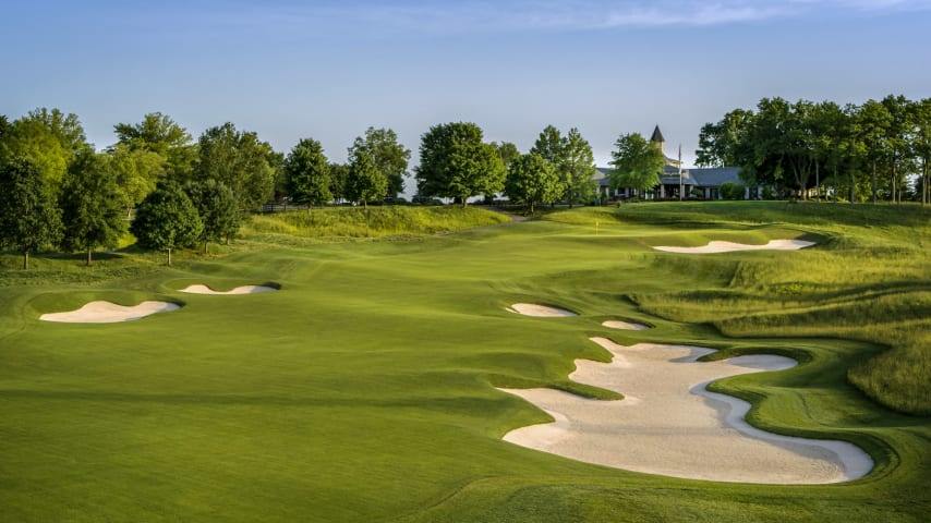 No. 9, Twin Spires: The tee shot at this uphill par 4 is challenged by three fairway bunkers along the right side and two more left. The uphill approach makes judging the yardage difficult, exaggerated by the presence of one of the largest and deepest bunkers on the course just right of the green.The green itself is one of the most undulating on the entire golf course. (Source: PGA of America)