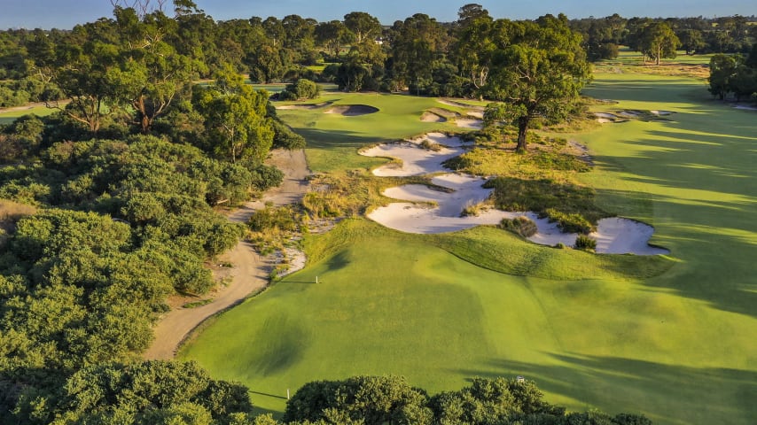 Hole 15: Par 3, 141 meters (2028 Presidents Cup Hole No. 7)  This hole is considered by many to be one of the best par 3s in Australia. The very narrow green is protected by deep bunkers on both sides and slopes sharply from back to front.