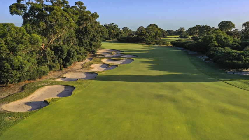 Hole 17: Par 4, 420 meters (2028 Presidents Cup Hole No. 14)  An extremely difficult par four, particularly if the wind is blowing from the north. Any shot hooked to the left is 'dead', and the huge, sloping putting surface will produce many three-putts.