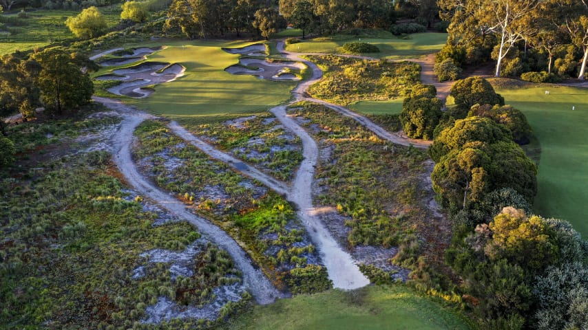 Hole 19: Par 3, 135 meters (2028 Presidents Cup Hole No. 17)  Bunkers completely surround the hole. It’s a shorter par 3, but everything depends on the wind in Melbourne. If it is windy, it’s going to be very tough.