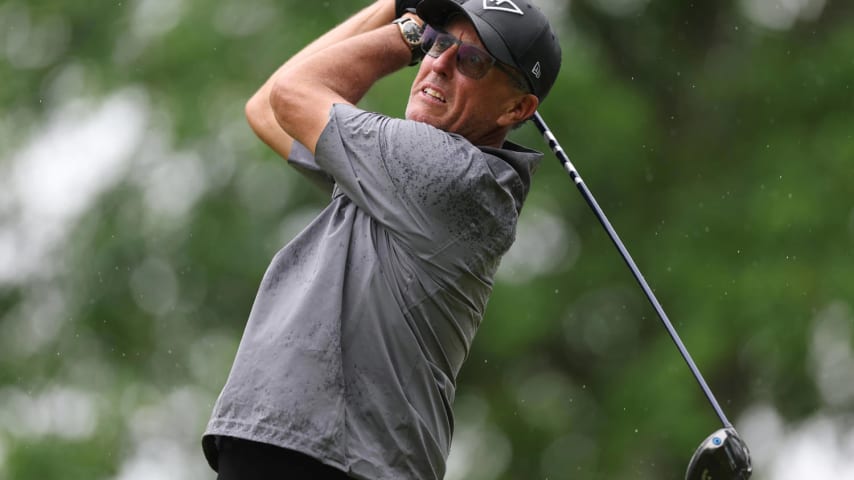 LOUISVILLE, KENTUCKY - MAY 17: Phil Mickelson of the United States plays his shot from the second tee during the second round of the 2024 PGA Championship at Valhalla Golf Club on May 17, 2024 in Louisville, Kentucky. (Photo by Christian Petersen/Getty Images)