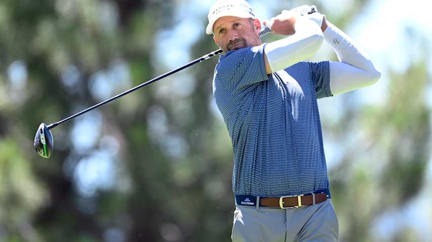Ben Silverman of Canada plays his shot from the ninth tee during the second day of the Barracuda Championship 2025 at Tahoe Mountain Club on July 18, 2025 in Truckee, California. (Eakin Howard/Getty Images)