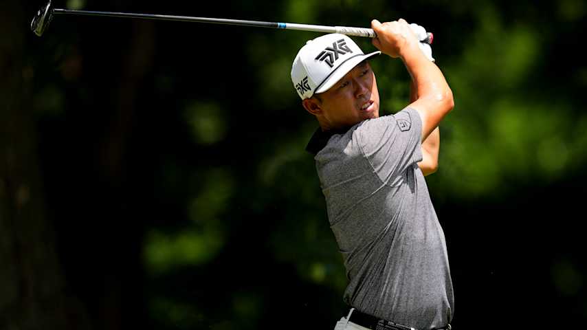 David Lipsky hits a tee shot on the fifth hole during the first round of the ISCO Championship 2025 at Hurstbourne Country Club on July 10, 2025 in Louisville, Kentucky. (Dylan Buell/Getty Images)
