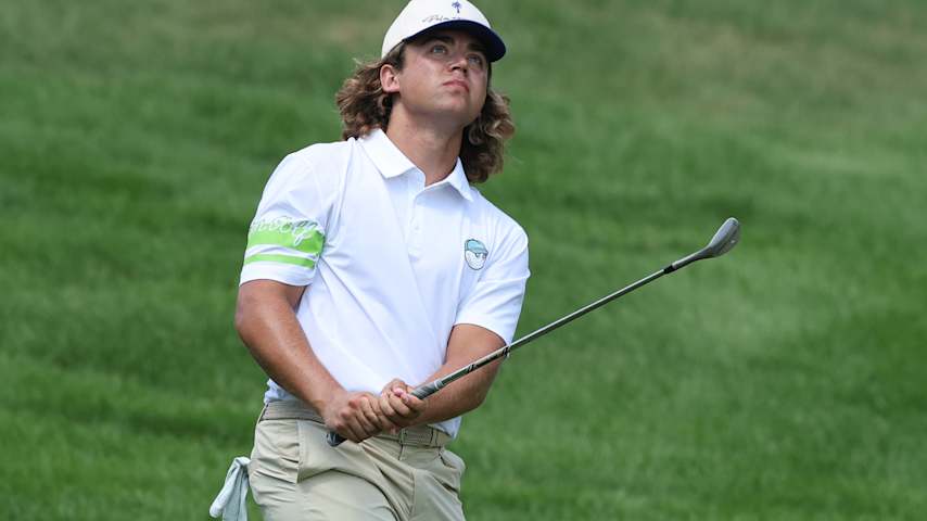 Garrick Higgo of South Africa plays a shot on the 15th hole during the second round of the John Deere Classic 2025 at TPC Deere Run on July 04, 2025 in Silvis, Illinois. (Andy Lyons/Getty Images)
