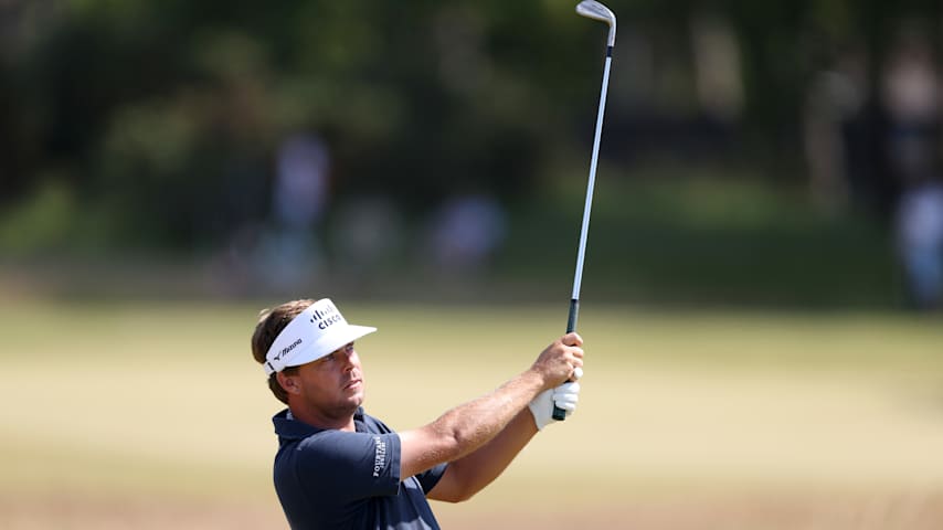 Keith Mitchell of the United States plays his second shot on the second hole on day three of the Genesis Scottish Open 2025 at The Renaissance Club on July 12, 2025 in North Berwick, Scotland. (Warren Little/Getty Images)