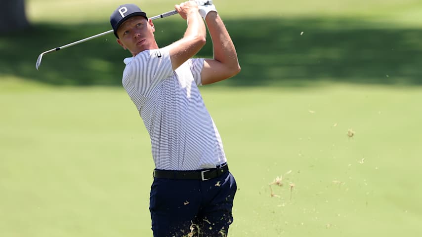 Matti Schmid of Germany plays a shot on the 18th hole during the second round of the Charles Schwab Challenge 2025 at Colonial Country Club on May 23, 2025 in Fort Worth, Texas. (Sam Hodde/Getty Images)