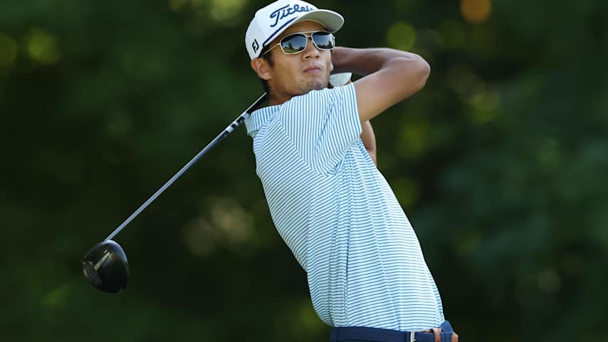 Ricky Castillo of the United States plays his shot from the second tee during the first round of the John Deere Classic 2025 at TPC Deere Run on July 03, 2025 in Silvis, Illinois. (Andy Lyons/Getty Images)