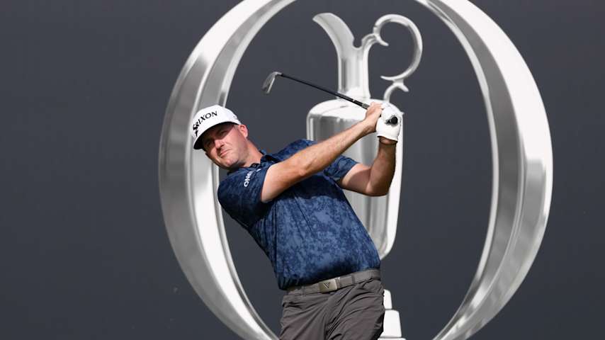 Taylor Pendrith of Canada tees off on the first hole during a practice round prior to The 153rd Open Championship at Royal Portrush Golf Club on July 16, 2025 in Portrush, Northern Ireland. (Christian Petersen/Getty Images)