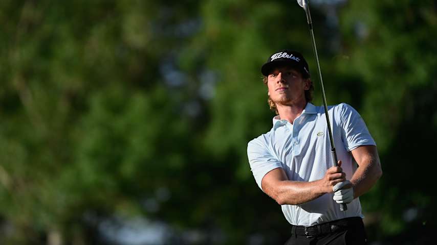 Carson Lundell tees off on the sixth hole during the final round of the Utah Championship presented by Zions Bank and Intermountain Health at Oakridge Country Club on August 04, 2024 in Farmington, Utah. (Alex Goodlett/Getty Images)