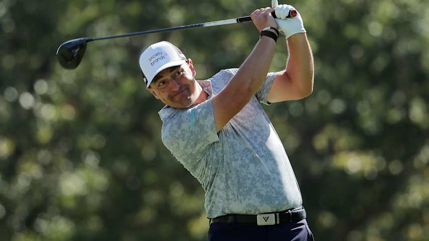 Justin Lower of the United States plays a shot from the fifth tee during the second round of the Sanderson Farms Championship 2025 at The Country Club of Jackson on October 03, 2025 in Jackson, Mississippi. (Jonathan Bachman/Getty Images)