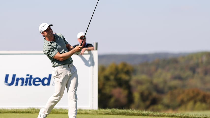 Pierceson Coody of the United States hits a tee shot on the sixth hole during the final round of the Korn Ferry Tour Championship presented by United Leasing & Finance 2025 at French Lick Golf Resort on October 12, 2025 in French Lick, Indiana. (Mike Mulholland/Getty Images)