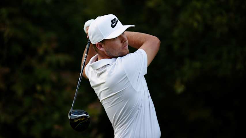 Preston Summerhays hits his tee shot on the 18th hole during the second round of the Compliance Solutions Championship at The Patriot Golf Club on October 3, 2025 in Owasso, Oklahoma. (Justin Edmonds/Getty Images)