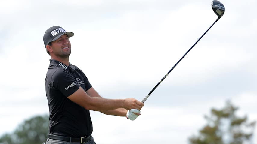 Taylor Montgomery of the United States plays his shot from the third tee during the final round of the Sanderson Farms Championship 2025 at The Country Club of Jackson on October 05, 2025 in Jackson, Mississippi. (Jonathan Bachman/Getty Images)