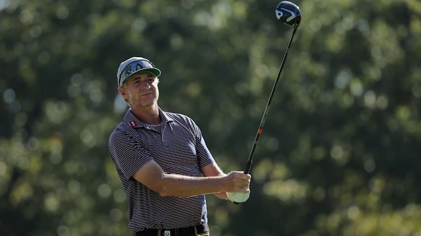 Vince Covello of the United States plays a shot from the fifth tee during the second round of the Sanderson Farms Championship 2025 at The Country Club of Jackson on October 03, 2025 in Jackson, Mississippi. (Jonathan Bachman/Getty Images)