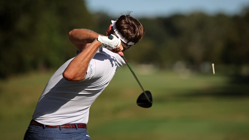 Keith Mitchell of the United States plays his shot from the 14th tee during the second round of the Sanderson Farms Championship 2025 at The Country Club of Jackson on October 03, 2025 in Jackson, Mississippi. (Jonathan Bachman/Getty Images)