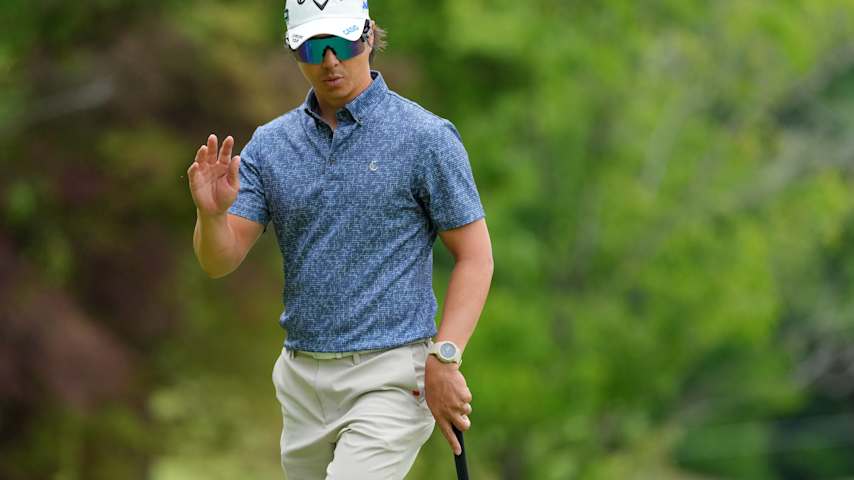 Ryo Ishikawa of Japan acknowledges the gallery after the birdie on the 13th green during the second round of The International Series Japan presented by Moutai at Caledonian Golf Club on May 9, 2025 in Yokoshibahikari, Chiba, Japan.  (Yoshimasa Nakano/Getty Images)