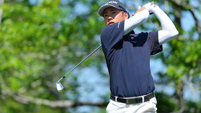 Tatsunori Shogenji of Japan hits his tee shot on the 3rd hole during the first round of The International Series Japan presented by Moutai at Caledonian Golf Club on May 8, 2025 in Yokoshibahikari, Chiba, Japan.  (Yoshimasa Nakano/Getty Images)