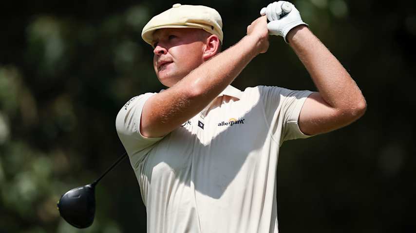 Harry Hall of England hits a tee shot on the fifth hole during the second round of the FedEx St. Jude Championship 2025 at TPC Southwind on August 08, 2025 in Memphis, Tennessee. (Stacy Revere/Getty Images)