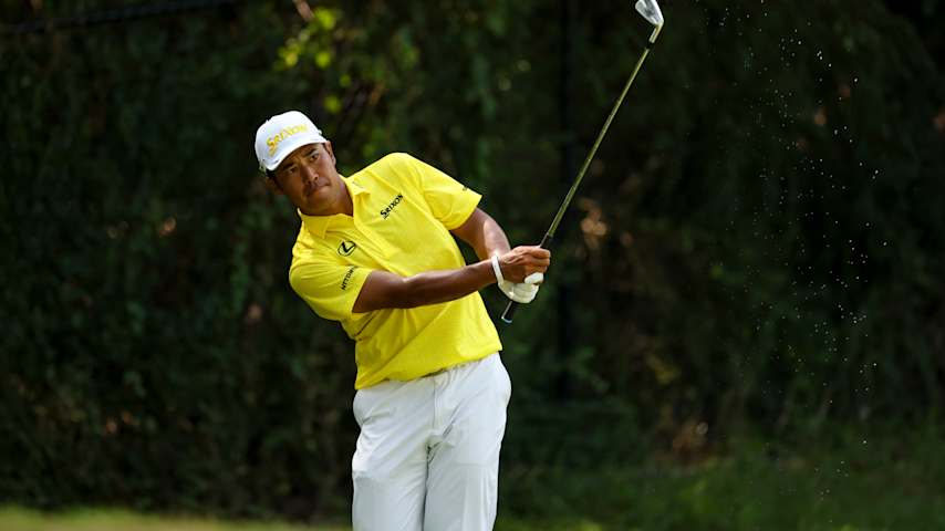 Hideki Matsuyama of Japan hits an approach shot on the sixth hole during the final round of the FedEx St. Jude Championship 2025 at TPC Southwind on August 10, 2025 in Memphis, Tennessee. (Andy Lyons/Getty Images)