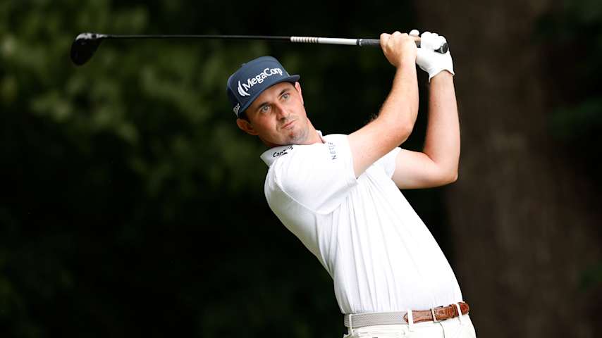 J.T. Poston of the United States plays his shot from the second tee during the final round of the Wyndham Championship 2025 at Sedgefield Country Club on August 03, 2025 in Greensboro, North Carolina. (Johnnie Izquierdo/Getty Images)