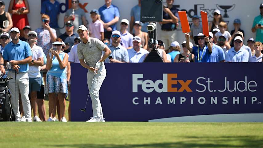 Maverick McNealy watches his tee shot on the first hole during the third round of  FedEx St. Jude Championship at TPC Southwind on August 9, 2025 in Memphis, Tennessee. (Ben Jared/PGA TOUR via Getty Images)