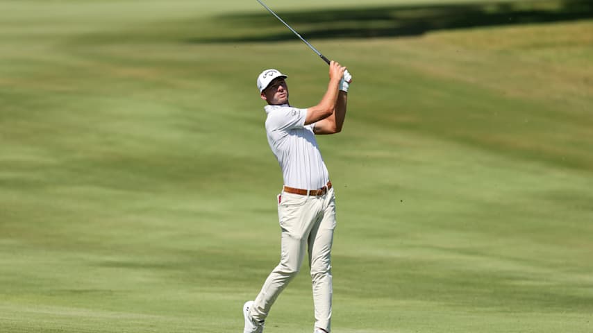Sam Burns hits an approach shot on the 10th hole during the third round of the FedEx St. Jude Championship 2025 at TPC Southwind on August 09, 2025 in Memphis, Tennessee. (Andy Lyons/Getty Images)