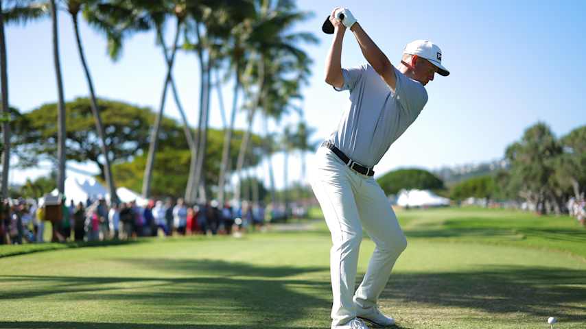Sam Stevens of the United States plays his shot from the 18th tee during the final round of the Sony Open in Hawaii at Waialae Country Club on January 14, 2024 in Honolulu, Hawaii. (Kevin C. Cox/Getty Images)