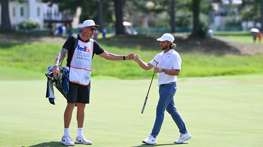 Tommy Fleetwood makes birdie at the 13th hole during the final round of FedEx St. Jude Championship  at TPC Southwind on August 10, 2025 in Memphis, Tennessee. (Tracy Wilcox/PGA TOUR via Getty Images)