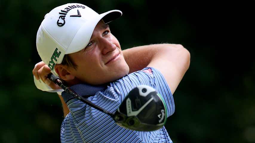 Adrien Dumont de Chassart of Belgium plays his tee shot on the second hole during the final round of the UNC Health Championship presented by STITCH 2025 at Raleigh Country Club on June 01, 2025 in Raleigh, North Carolina. (Grant Halverson/Getty Images)