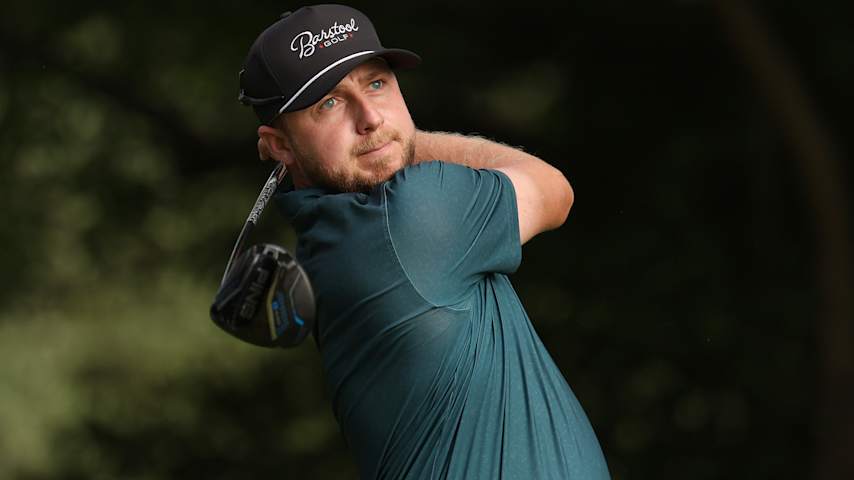 Alistair Docherty plays his tee shot on the 12th hole during the first round of the UNC Health Championship presented by STITCH 2025 at Raleigh Country Club on May 29, 2025 in Raleigh, North Carolina. (Grant Halverson/Getty Images)