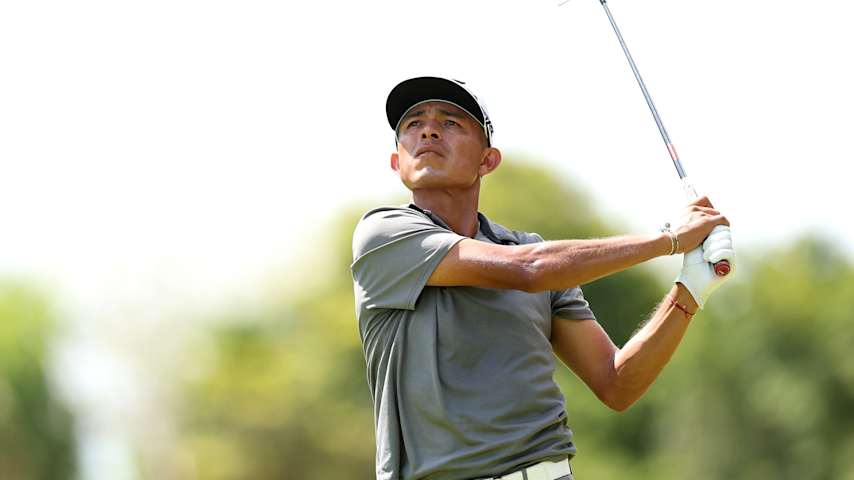 Augusto NÃºÃ±ez of Argentina plays his shot from the second tee during the final round of the 2025 Tulum Championship at PGA Riviera Maya on May 04, 2025 in Tulum, Mexico. (Luke Hales/Getty Images)
