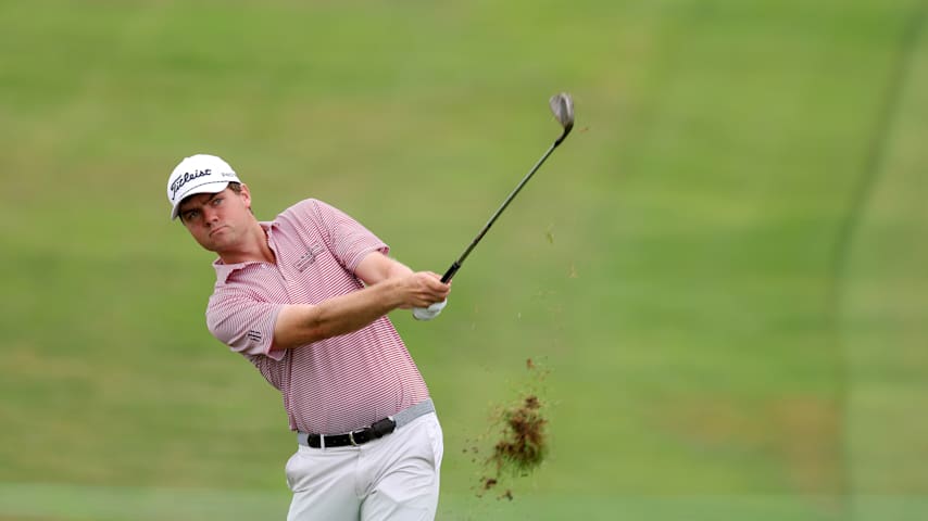 Austin Hitt plays his shot on the 15th hole during the second round of the UNC Health Championship presented by STITCH 2025 at Raleigh Country Club on May 30, 2025 in Raleigh, North Carolina. (Grant Halverson/Getty Images)