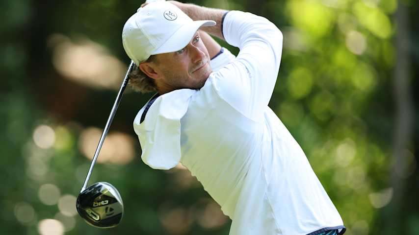 Austin Smotherman plays his tee shot on the second hole during the third round of the UNC Health Championship presented by STITCH 2025 at Raleigh Country Club on May 31, 2025 in Raleigh, North Carolina. (Grant Halverson/Getty Images)