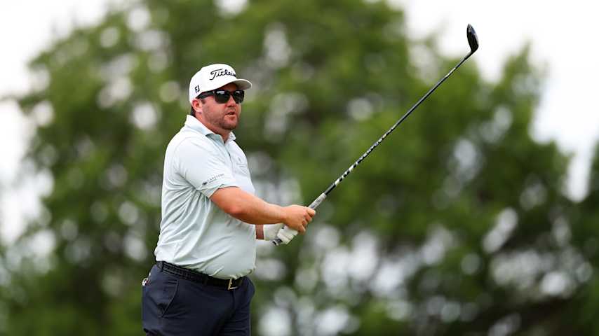 Ben Taylor of England plays his shot on the fourth hole during the first round of the AdventHealth Championship 2025 at Blue Hills Country Club on May 15, 2025 in Kansas City, Missouri. (David Berding/Getty Images)