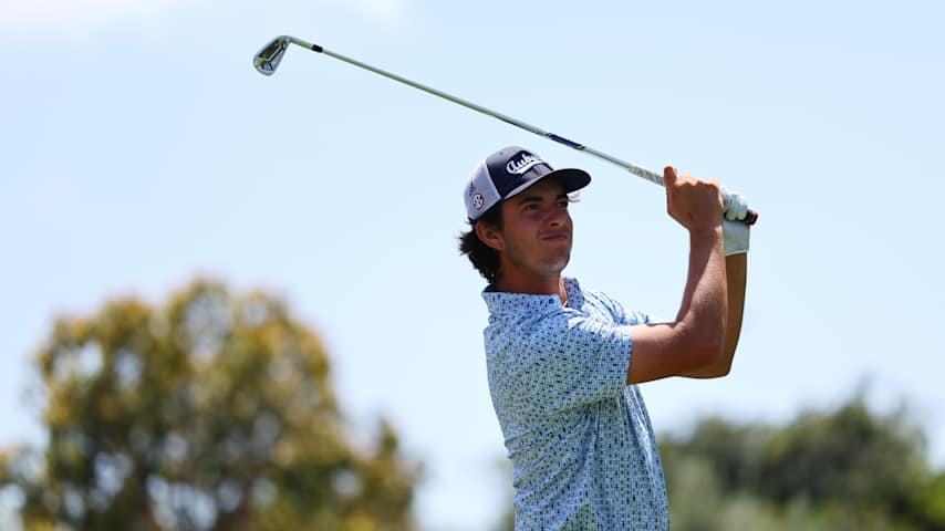 Brendan Valdes of Auburn University tees off on the fourth tee during the 2025 NCAA Division I Men's Golf Championship at Omni La Costa Resort & Spa on May 26, 2025 in Carlsbad, California. (Joe Scarnici/Getty Images)