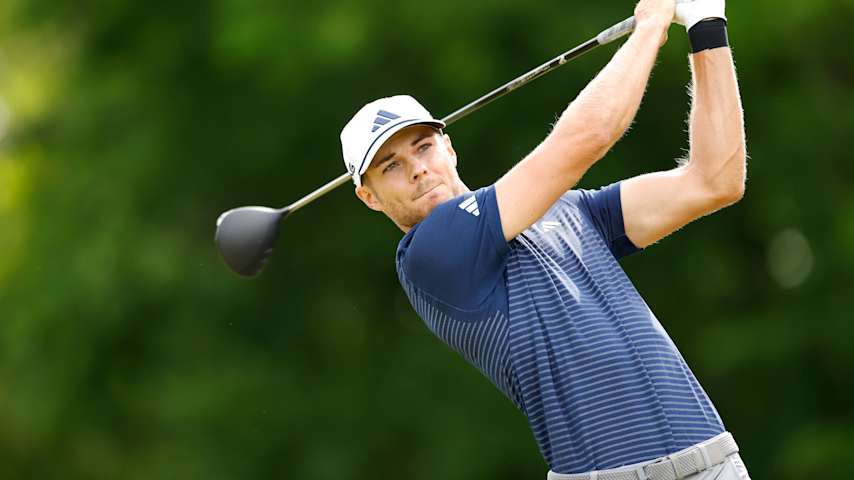 Chase Sienkiewicz of the United States plays his shot from the 17th tee during the first round of the Visit Knoxville Open 2025 at Holston Hills Country Club on May 22, 2025 in Knoxville, Tennessee. (Johnnie Izquierdo/Getty Images)