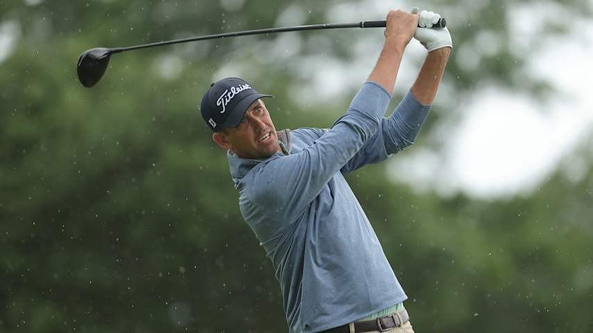 Chesson Hadley of the United States plays his shot from the second tee during the final round of the ONEflight Myrtle Beach Classic 2025 at Dunes Golf & Beach Club on May 11, 2025 in Myrtle Beach, South Carolina. (Jonathan Bachman/Getty Images)